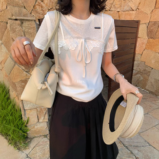 T恤女 一勺甜简约气质精致感肌理感蕾丝拼接短袖 Gary 宝藏Hers
