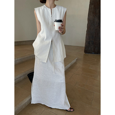 Gary的宝藏万为 抽绳休闲直筒裙女2026春季新款亚麻侧开叉松紧腰
