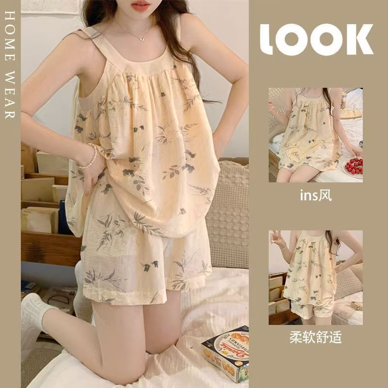 春夏带胸垫吊带可外穿家居服套装