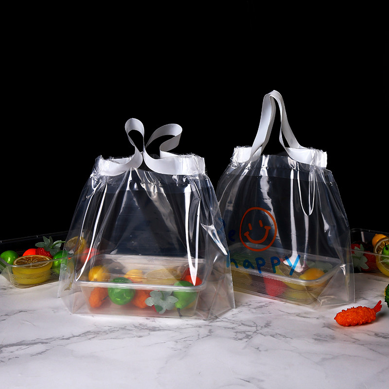 透明食品外卖水果束口抽绳打包塑料袋加厚手提袋子简约定制logo