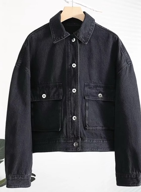 2025春新款黑色短款工装全棉双口袋牛仔外套女宽松显瘦百搭上衣