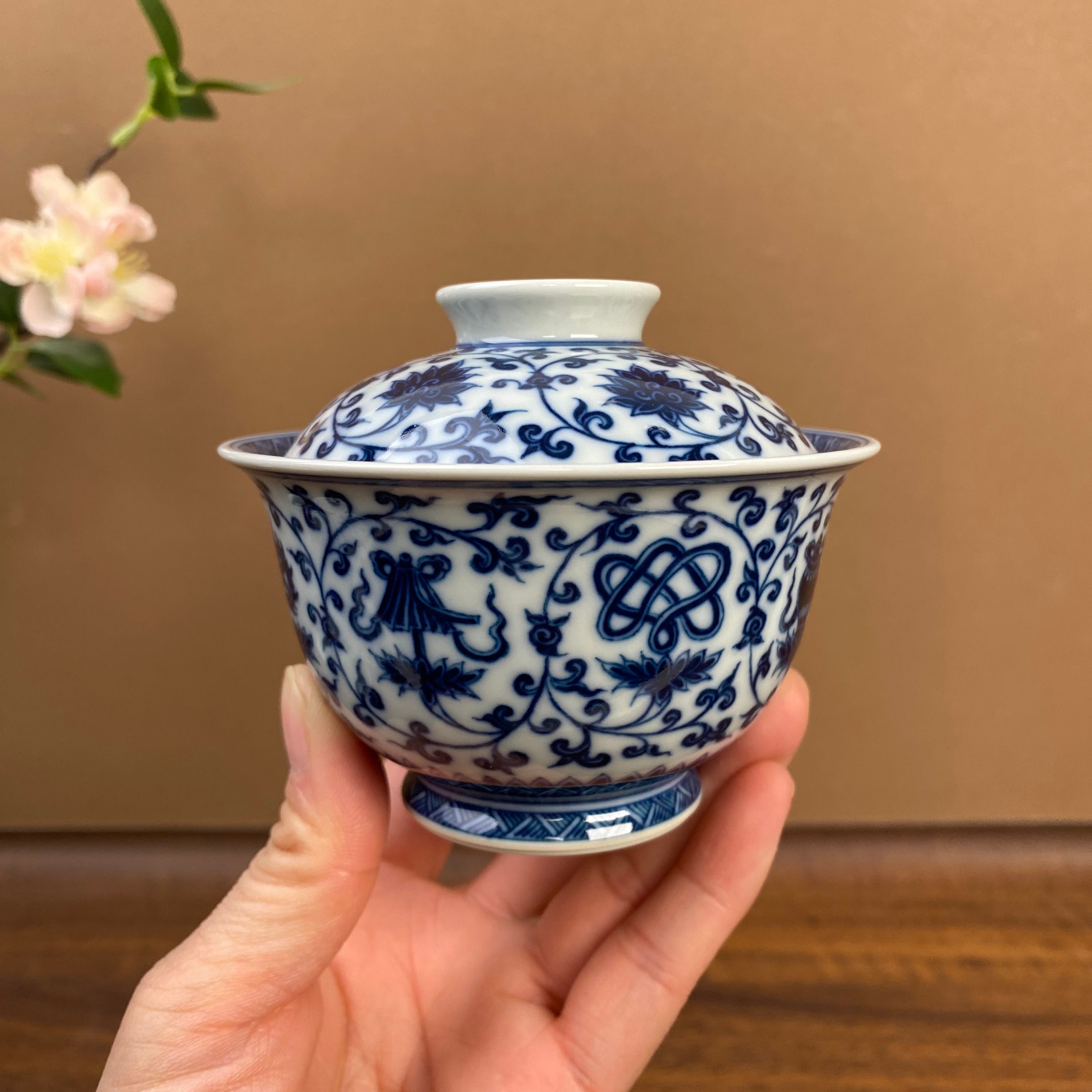 【记石柴窑】莲托八宝盖碗140cc 手工手绘景德镇茶具