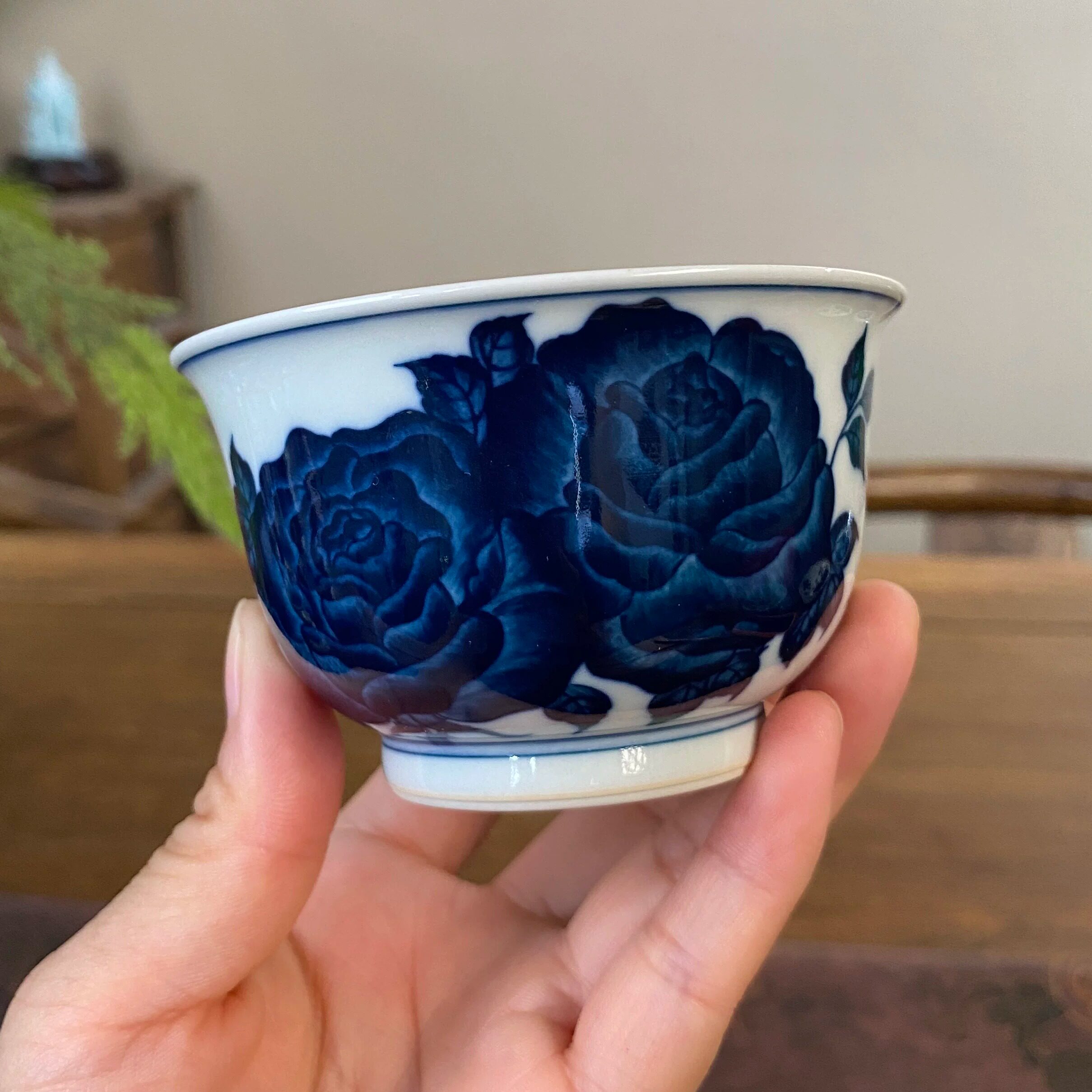 【记石柴窑】仿明青花玫瑰花卉炉式杯陶瓷主人杯手工手绘景德镇