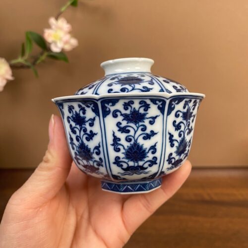 【记石柴窑】仿明缠枝一束莲八方盖碗120cc 手工手绘景德镇茶具