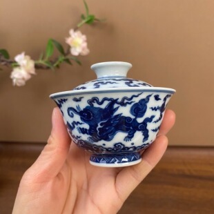 【记石柴窑】仿明海水飞象小盖碗100cc 手工手绘景德镇茶具