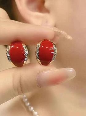 奥特莱斯专柜撤柜捡漏18K金复古镶钻红色喜庆耳扣女耳钉气质耳环