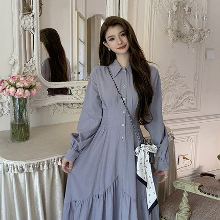 AM NANA秋冬季法式复古长袖衬衫连衣裙绝美仙女裙打底气质长裙子