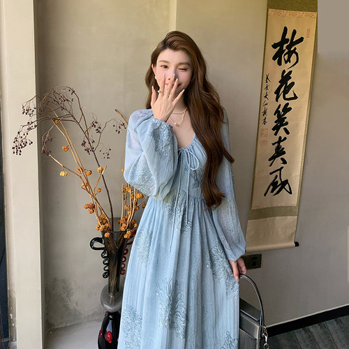 AMNANA法式气质长袖蓝色连衣裙