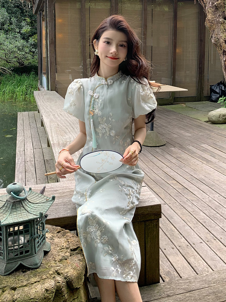 AM NANA 여성을위한 새로운 중국어 자수 개선 치파오 허리 슬리밍 순수한 욕망 요정 스커트 기질 우아한 드레스