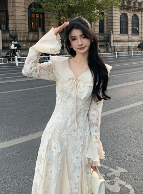 AMNANA法式温柔风V领蕾丝连衣裙女气质显瘦仙女裙收腰杏色长裙子