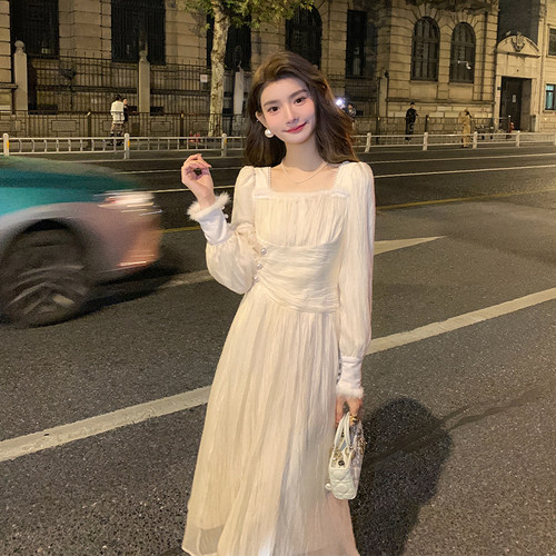 法式A字裙纯色珍珠方领加绒