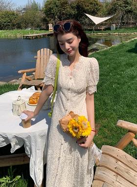 AMNANA法式温柔风杏色短袖连衣裙夏显瘦蕾丝仙女裙气质小个子长裙