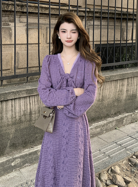 AMNANA轻熟法式风长袖连衣裙女紫色收腰绝美仙女裙显瘦气质长裙子