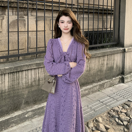 AMNANA轻熟法式风长袖连衣裙女紫色收腰绝美仙女裙显瘦气质长裙子