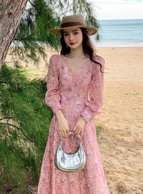 AM NANA法式气质优雅长袖雪纺连衣裙温柔风粉色碎花仙女长裙子