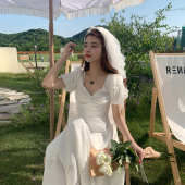 气质白色短袖 法式 连衣裙女领证小白裙绝美收腰长裙子 NANA新款