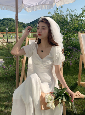 AM NANA新款法式气质白色短袖连衣裙女领证小白裙绝美收腰长裙子