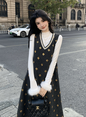 AMNANA法式重工V领背心连衣裙女宽松版显瘦气质裙高级感仙女长裙