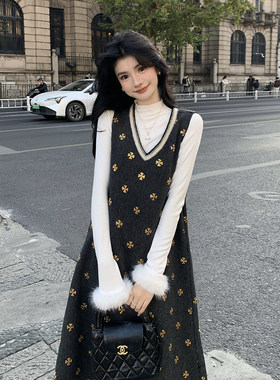 法式重工V领背心连衣裙女