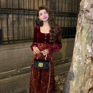 国风丝绒连衣裙女红色敬酒宴会礼服气质长裙子 新中式 NANA冬季