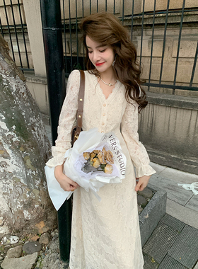 AM NANA春季新款法式复古蕾丝连衣裙女收腰显瘦仙女裙气质长裙子