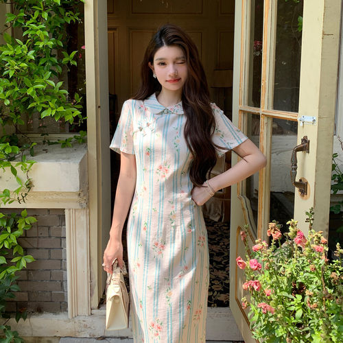 新中式条纹碎花连衣裙女夏气质