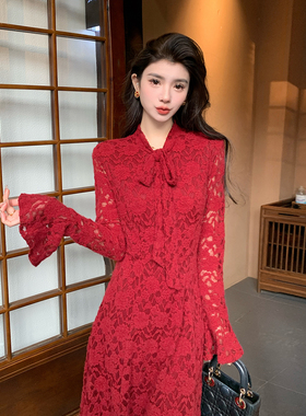 AMNANA法式红色蕾丝连衣裙女装长袖新年订婚敬酒服优雅气质长裙子