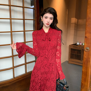 AMNANA法式红色蕾丝连衣裙女装长袖新年订婚敬酒服优雅气质长裙子