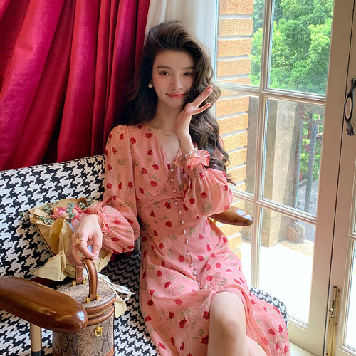 法式复古玫瑰粉色显瘦开叉碎花裙