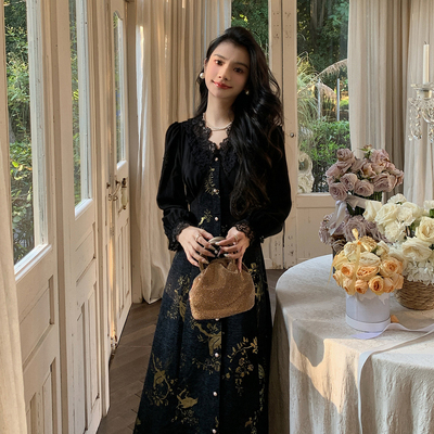 AMNANA法式蕾丝收腰黑色连衣裙