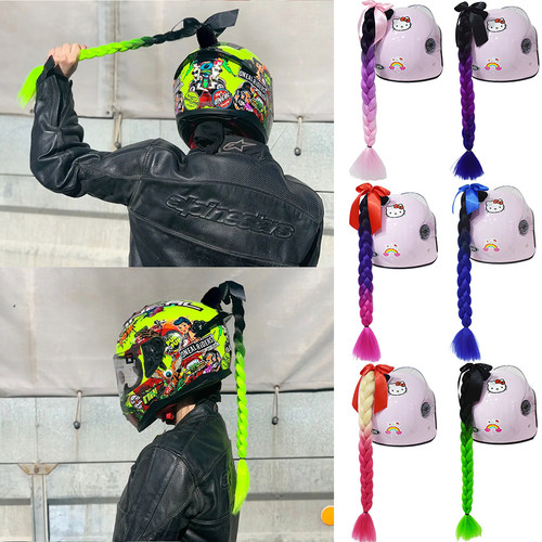 头盔吸盘脏辫辫子机车摩托电动外卖儿童平衡车头盔装饰炫酷彩辫子