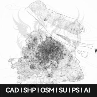 上海城市完整 SHP CAD SU矢量地图模型 AI PS 分析图建筑水系路网