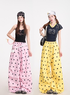 美式波点满印抽绳褶皱休闲裤女夏季速干伞兵工装裤慵懒宽松阔腿裤
