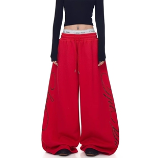 美式红色烫钻运动裤卫裤女春季宽松阔腿裤jazz爵士舞裤子拖地长裤