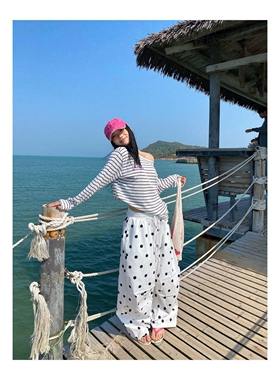 美式波点满印抽绳褶皱休闲裤女夏季速干伞兵工装裤慵懒宽松阔腿裤