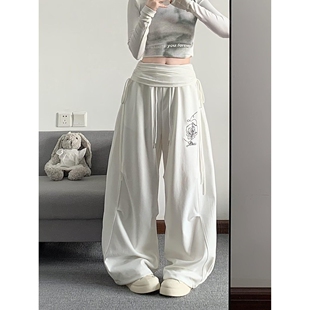 甜酷风爵士双腰头拼接黑色休闲运动裤 女设计感玫瑰抽褶弯刀香蕉裤