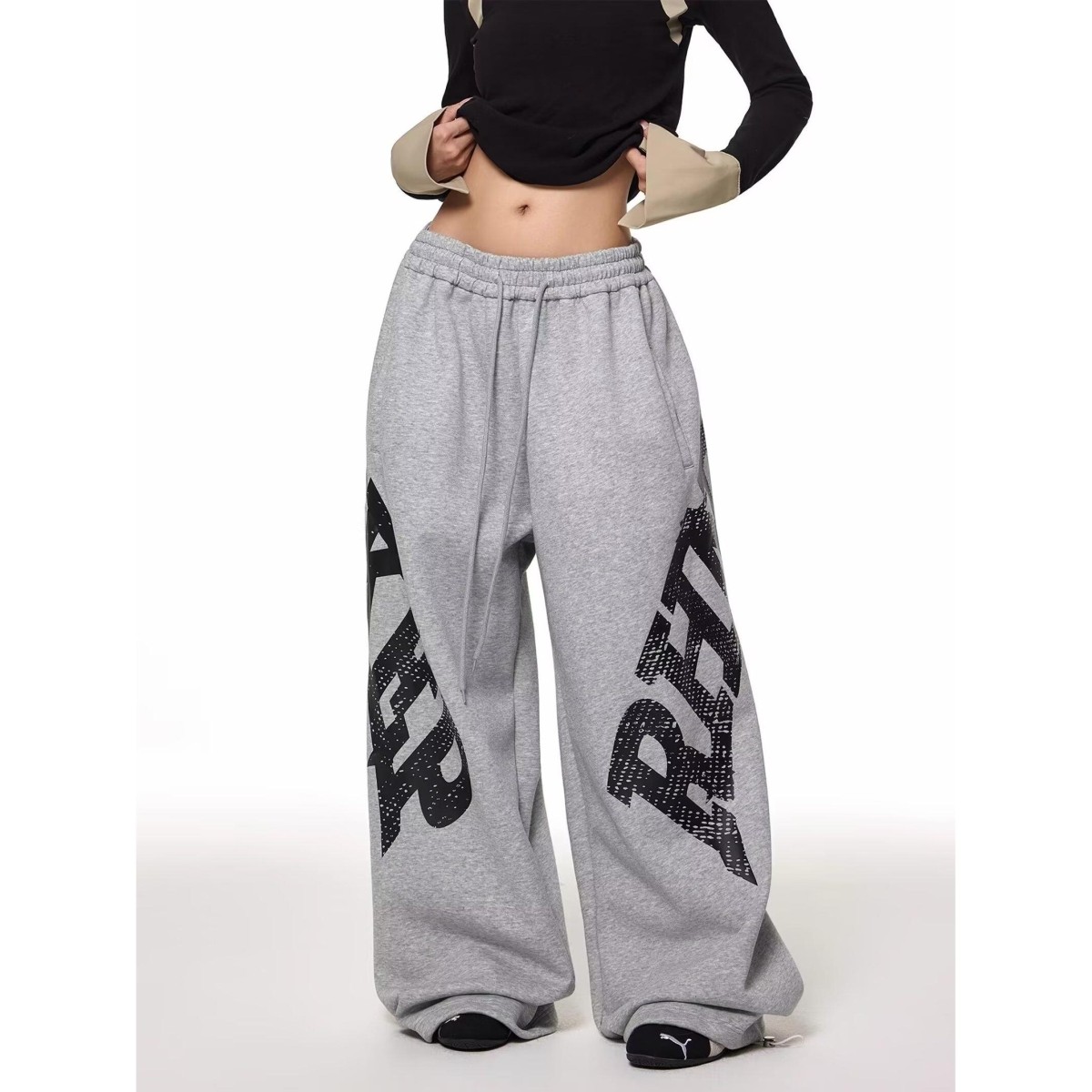 美式复古嘻哈字母印花抽绳弯刀卫裤男女设计感爵士舞宽松阔腿裤潮,女装/女士精品,休闲裤,淘宝优惠券,粉丝福利购,淘宝优惠卷