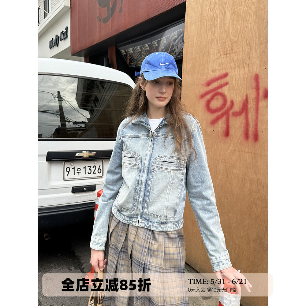 UNRETRO 甜酷做旧牛仔外套女春秋复古小个子夹克浅色修身长袖上衣