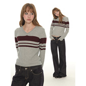 V领毛衣女春秋条纹撞色内搭针织衫 UNRETRO 羊毛混纺复古拼色修身