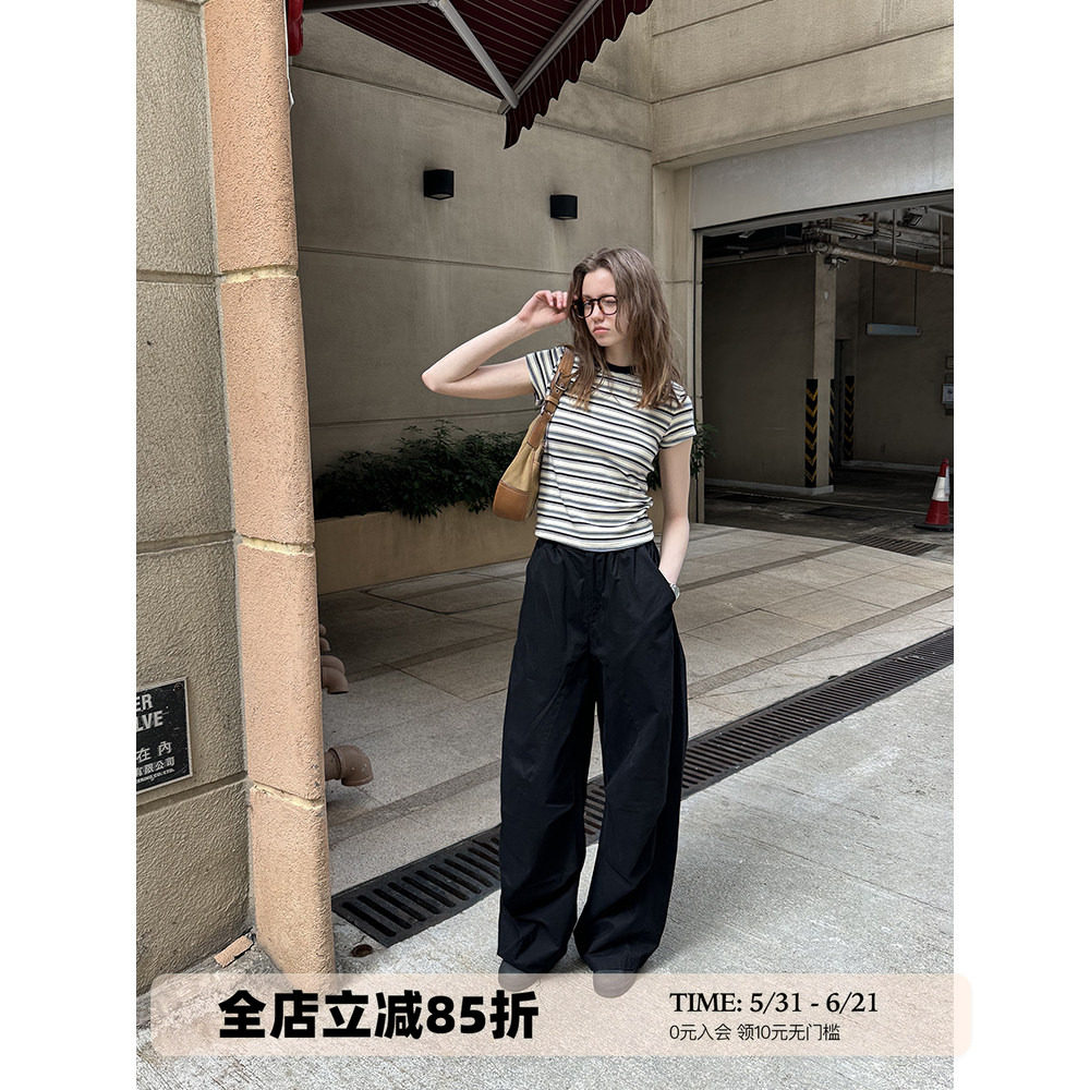 UNRETRO复古条纹修身正肩短袖T恤女早春小个子千禧辣妹短款打底衫