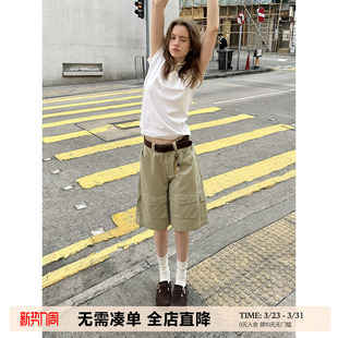 女小个子阔腿五分中裤 UNRETRO 短裤 复古卡其色多口袋直筒工装 美式