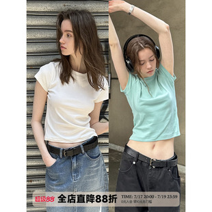 UNRETRO 美式基础款辣妹风修身正肩短袖T恤女短款纯色圆领打底衫