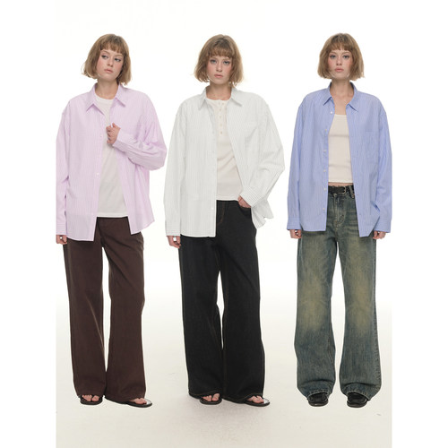 UNRETRO条纹衬衫女宽松长袖衬衣