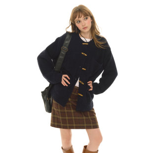 上衣外套 加厚慵懒宽松针织开衫 UNRETRO 半边绒牛角扣毛衣女秋冬款