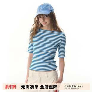 上衣 针织打底衫 UNRETRO卷边五分袖 设计船领蓝白条纹T恤女弹力修身
