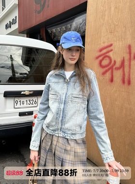 UNRETRO甜酷做旧修身牛仔外套女