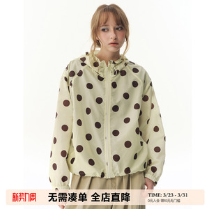 UNRETRO upf50+夏季户外轻薄透气防晒衣女波点印花抽绳连帽外套