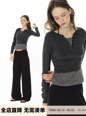 UNRETRO 亨利领假两件条纹T恤女秋冬收腰显瘦打底衫长袖上衣内搭