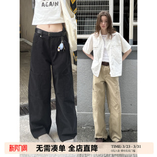 女高腰显瘦小个子休闲裤 UNRETRO 裤 复古卡其色水洗直筒工装 子 美式