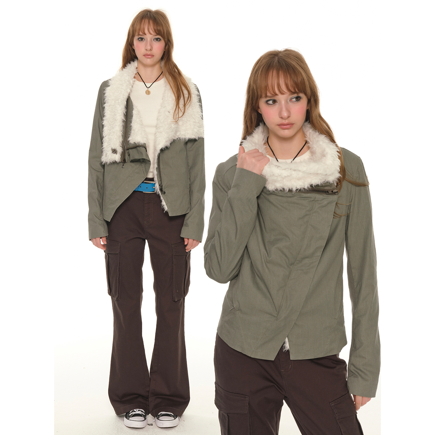 UNRETRO 短款斜门襟立领外套女冬季别致小个子修身显瘦大毛领上衣